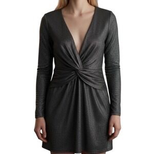 Altar'd State Dress Black‎ Glitter Metallic Long Sleeve Twist Front Mini Size S